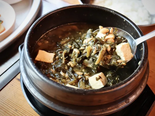 시래기청국장 뚝배기 가까이 — 시래기, 두부, 콩을 국자로 뜬 모습